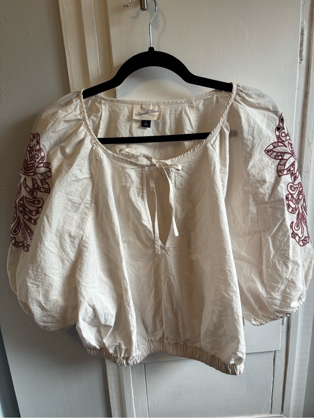 Universal Thread Cream Peasant Blouse with Maroon Sleeve Embroidery